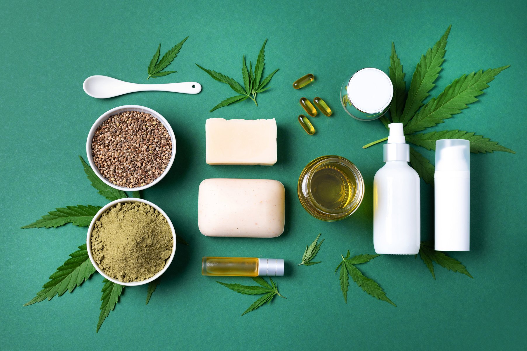 Composition of Cannabis Products and Hemp Leaves Flatlay